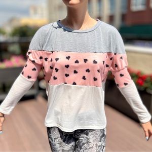 long sleeve t shirt women size S, gray, white and pink with black hearts